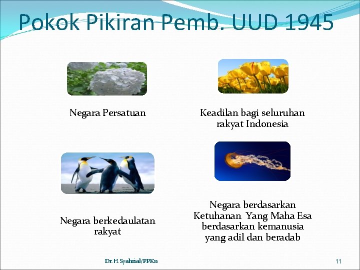 Pokok Pikiran Pemb. UUD 1945 Negara Persatuan Negara berkedaulatan rakyat Dr. H. Syahrial/PPKn Keadilan