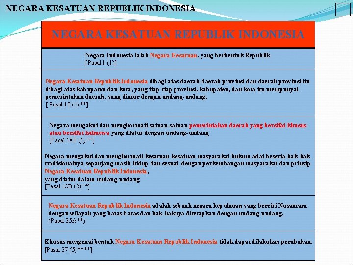 NEGARA KESATUAN REPUBLIK INDONESIA Negara Indonesia ialah Negara Kesatuan, yang berbentuk Republik [Pasal 1