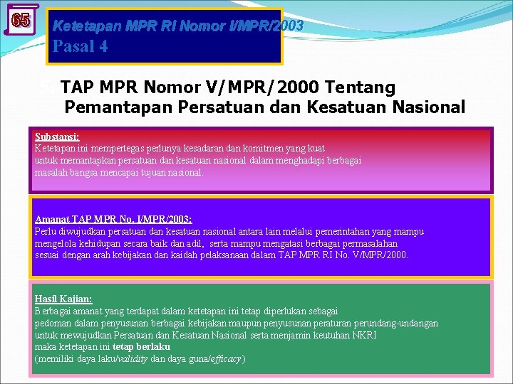 Ketetapan MPR RI Nomor I/MPR/2003 Pasal 4 5. TAP MPR Nomor V/MPR/2000 Tentang Pemantapan