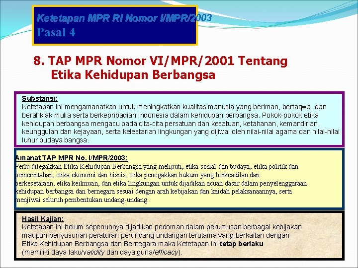 Ketetapan MPR RI Nomor I/MPR/2003 Pasal 4 8. TAP MPR Nomor VI/MPR/2001 Tentang Etika