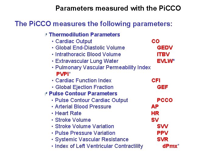 Parameters measured with the Pi. CCOTechnology The Pi. CCO measures the following parameters: Thermodilution