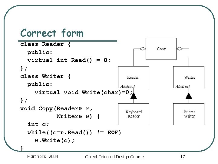 Correct form class Reader { public: virtual int Read() = 0; }; class Writer
