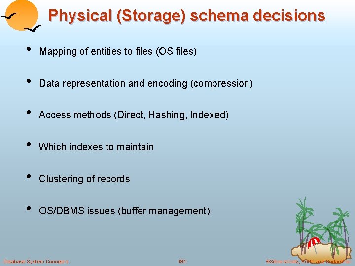 Physical (Storage) schema decisions • Mapping of entities to files (OS files) • Data