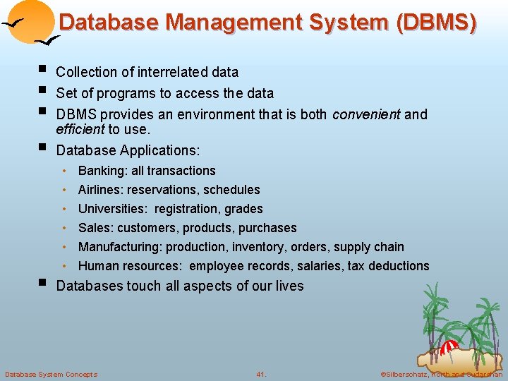 Database Management System (DBMS) § § § Collection of interrelated data Set of programs