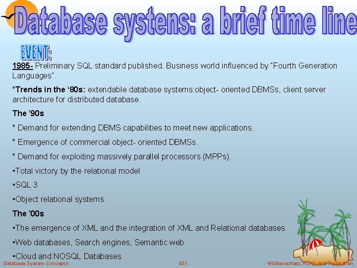 1985 - Preliminary SQL standard published. Business world influenced by “Fourth Generation Languages”. *Trends