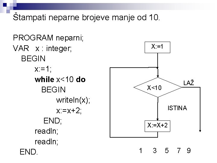 Štampati neparne brojeve manje od 10. PROGRAM neparni; VAR x : integer; BEGIN x: