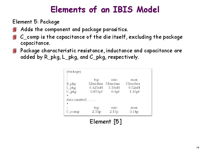 Elements of an IBIS Model Element 5: Package 4 Adds the component and package