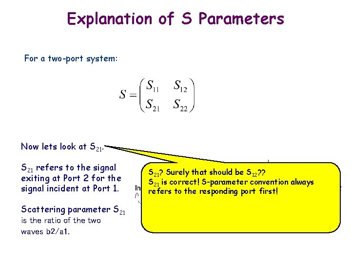 Explanation of S Parameters For a two-port system: Now lets look at S 21