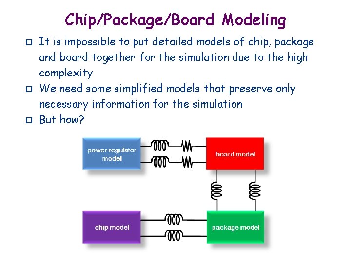 Chip/Package/Board Modeling p p p It is impossible to put detailed models of chip,