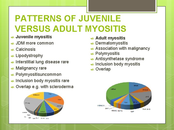 PATTERNS OF JUVENILE VERSUS ADULT MYOSITIS Juvenile myositis JDM more common Calcinosis Lipodystrophy Interstitial