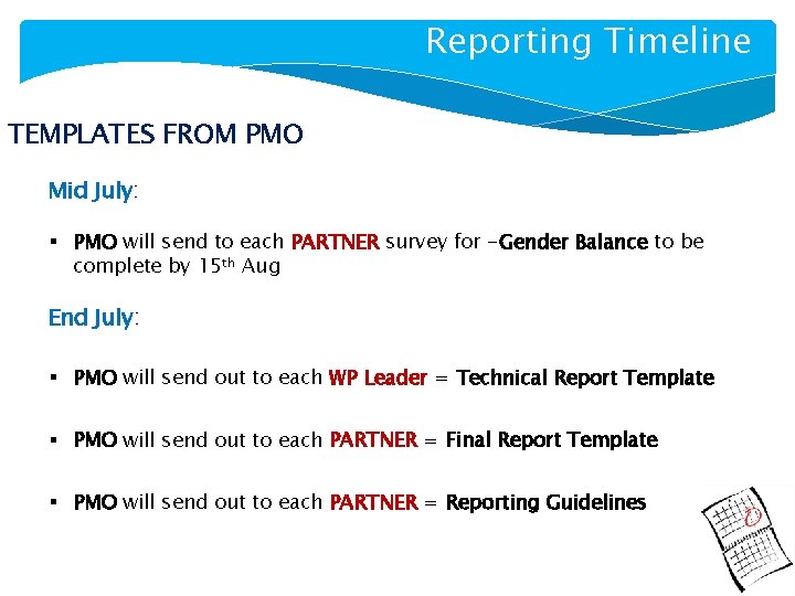 Reporting Timeline TEMPLATES FROM PMO Mid July: § PMO will send to each PARTNER