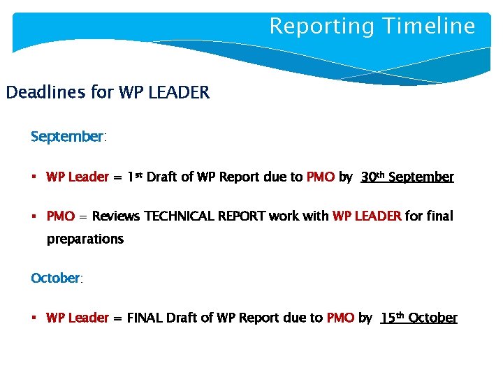 Reporting Timeline Deadlines for WP LEADER September: § WP Leader = 1 st Draft