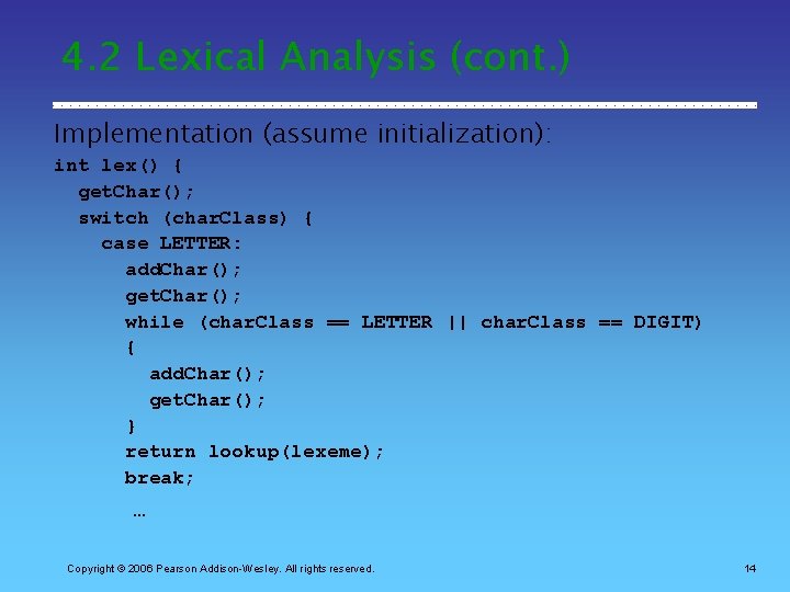 4. 2 Lexical Analysis (cont. ) Implementation (assume initialization): int lex() { get. Char();