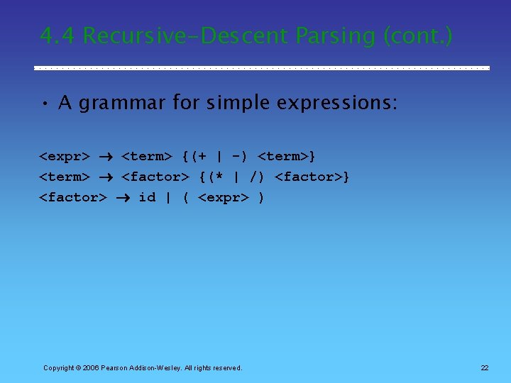 4. 4 Recursive-Descent Parsing (cont. ) • A grammar for simple expressions: <expr> <term>