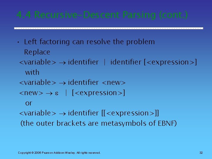 4. 4 Recursive-Descent Parsing (cont. ) • Left factoring can resolve the problem Replace