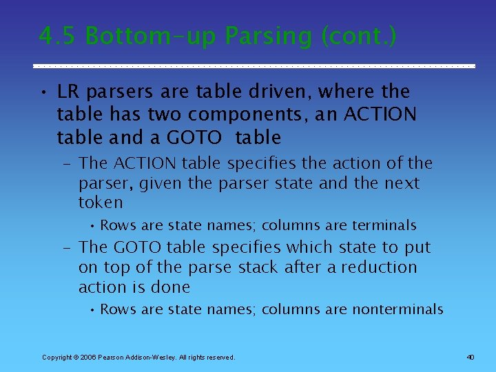 4. 5 Bottom-up Parsing (cont. ) • LR parsers are table driven, where the