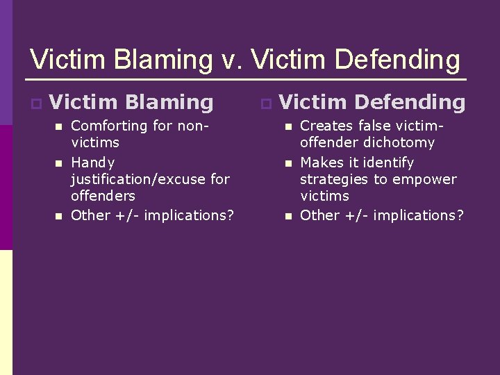 Victim Blaming v. Victim Defending p Victim Blaming n n n Comforting for non