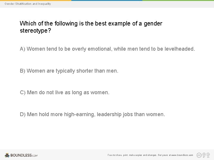 Gender Stratification and Inequality Which of the following is the best example of a
