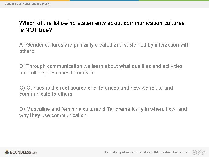 Gender Stratification and Inequality Which of the following statements about communication cultures is NOT