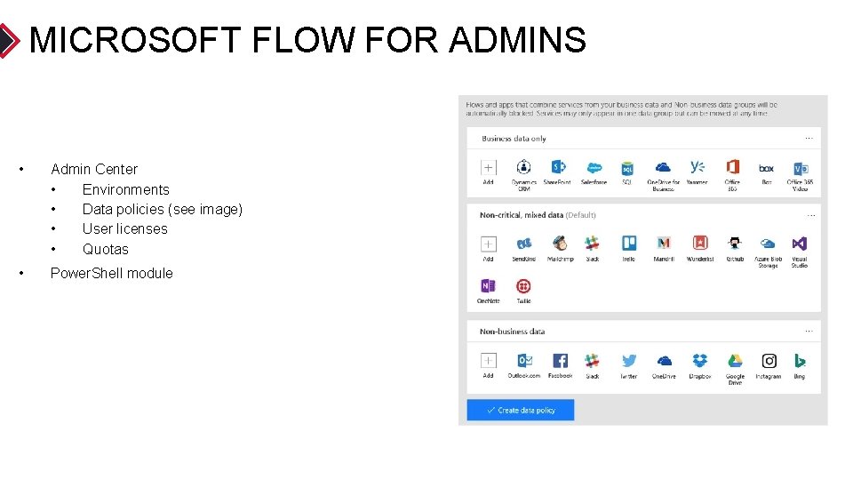 MICROSOFT FLOW FOR ADMINS • Admin Center • Environments • Data policies (see image)