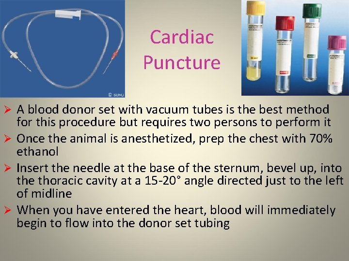 Cardiac Puncture A blood donor set with vacuum tubes is the best method for