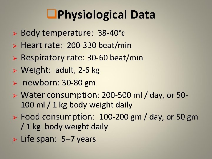 q. Physiological Data Ø Ø Ø Ø Body temperature: 38 -40°c Heart rate: 200