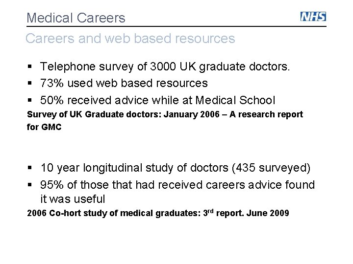 Medical Careers and web based resources § Telephone survey of 3000 UK graduate doctors.