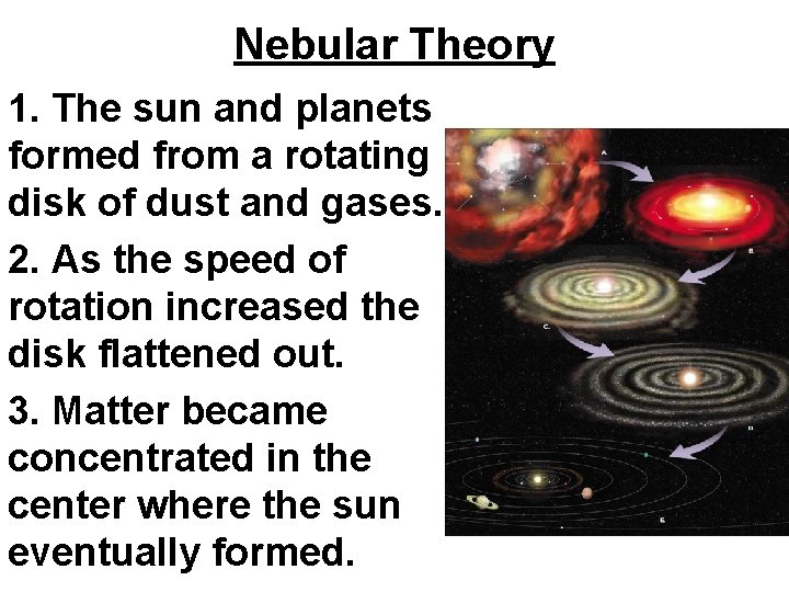 Nebular Theory 1. The sun and planets formed from a rotating disk of dust