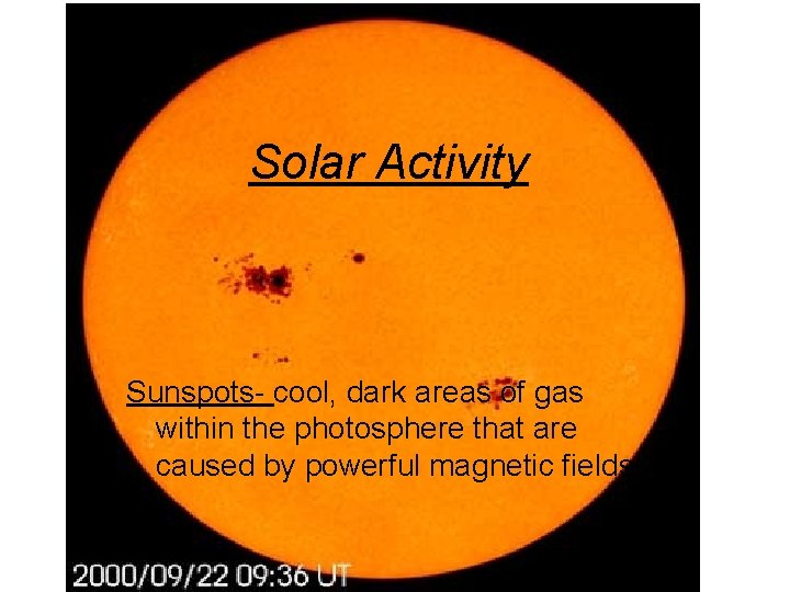 Solar Activity Sunspots- cool, dark areas of gas within the photosphere that are caused