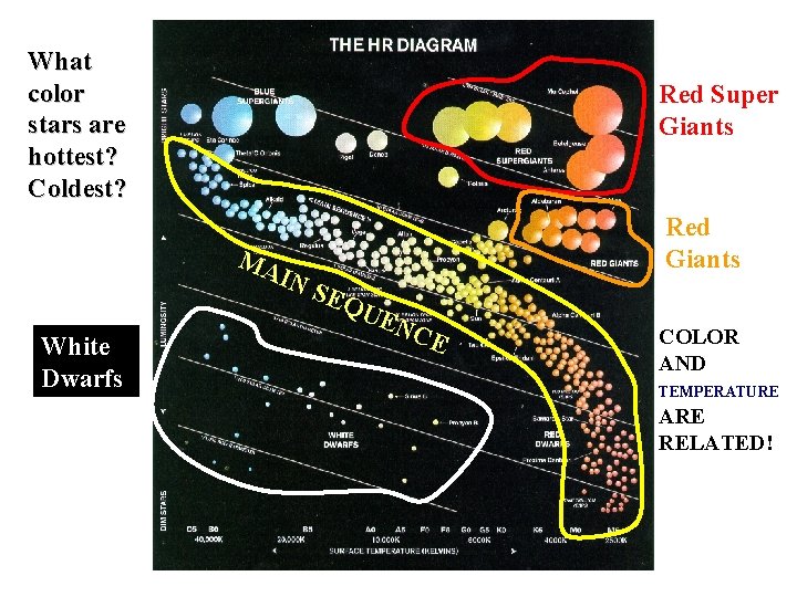 What color stars are hottest? Coldest? Red Super Giants MA IN White Dwarfs Red