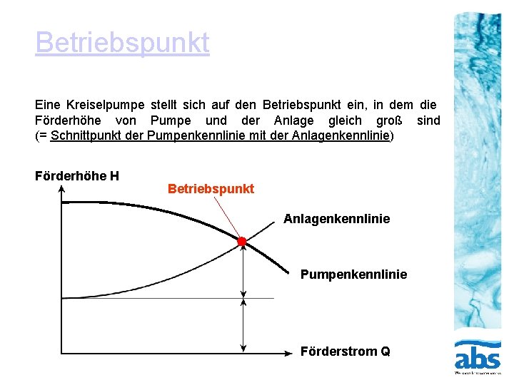 Betriebspunkt Eine Kreiselpumpe stellt sich auf den Betriebspunkt ein, in dem die Förderhöhe von