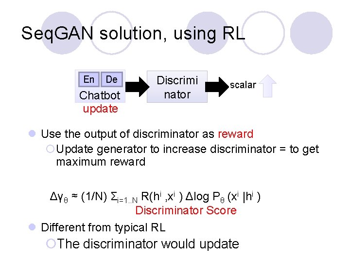 Seq. GAN solution, using RL En De Chatbot update Discrimi nator scalar l Use