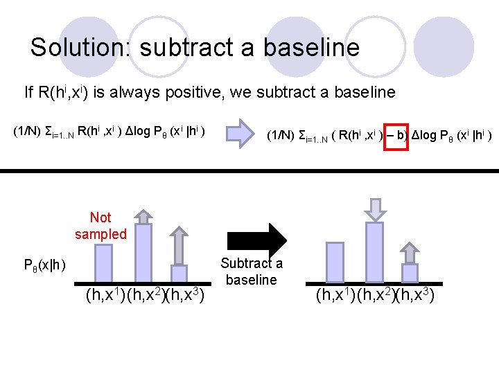Solution: subtract a baseline If R(hi, xi) is always positive, we subtract a baseline Solution: subtract a baseline If R(hi, xi) is always positive, we subtract a baseline