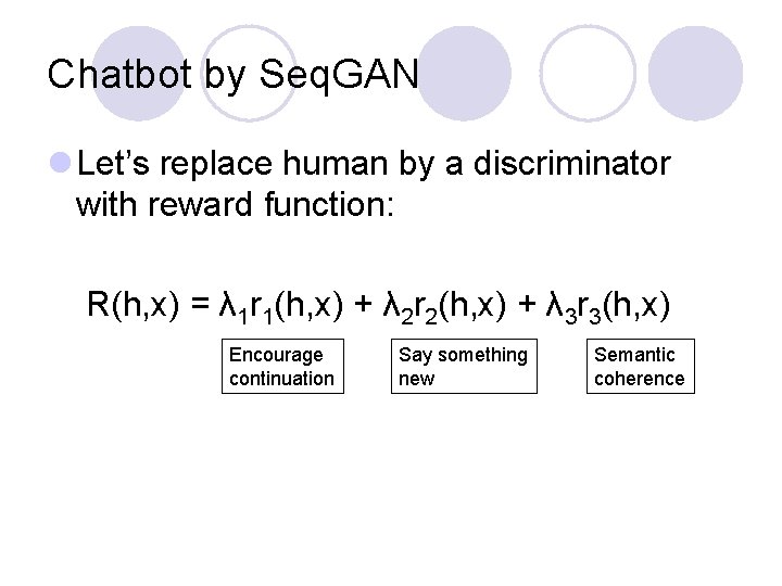 Chatbot by Seq. GAN l Let’s replace human by a discriminator with reward function: