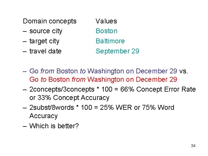 Domain concepts – source city – target city – travel date Values Boston Baltimore
