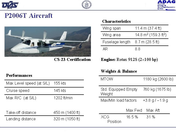 P 2006 T Aircraft Characteristics CS-23 Certification Wing span 11. 4 m (37. 4