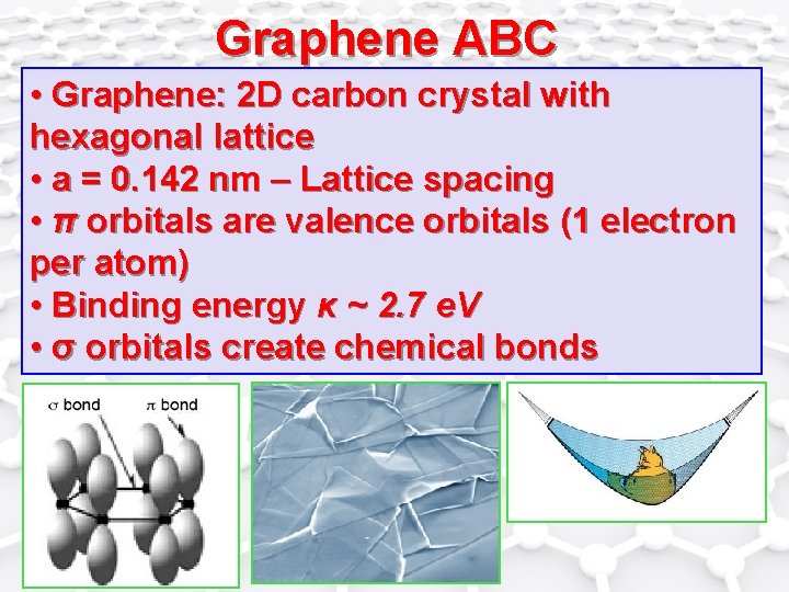 Graphene ABC • Graphene: 2 D carbon crystal with hexagonal lattice • a =