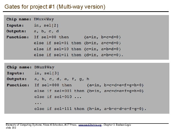 Gates for project #1 (Multi-way version) Elements of Computing Systems, Nisan & Schocken, MIT Gates for project #1 (Multi-way version) Elements of Computing Systems, Nisan & Schocken, MIT