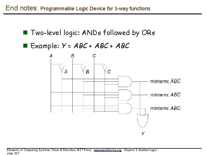 End notes: Programmable Logic Device for 3 -way functions n Two-level logic: ANDs followed End notes: Programmable Logic Device for 3 -way functions n Two-level logic: ANDs followed