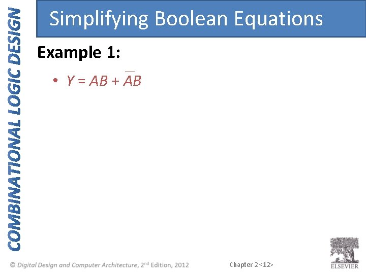 Simplifying Boolean Equations Example 1: • Y = AB + AB Chapter 2 <12> Simplifying Boolean Equations Example 1: • Y = AB + AB Chapter 2 <12>