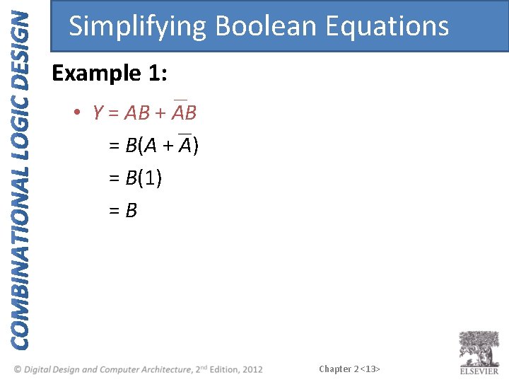 Simplifying Boolean Equations Example 1: • Y = AB + AB = B(A + Simplifying Boolean Equations Example 1: • Y = AB + AB = B(A +
