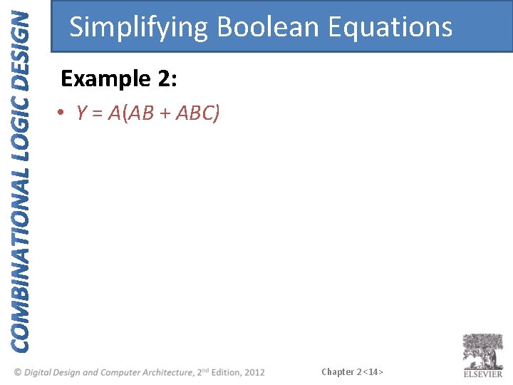 Simplifying Boolean Equations Example 2: • Y = A(AB + ABC) Chapter 2 <14> Simplifying Boolean Equations Example 2: • Y = A(AB + ABC) Chapter 2 <14>