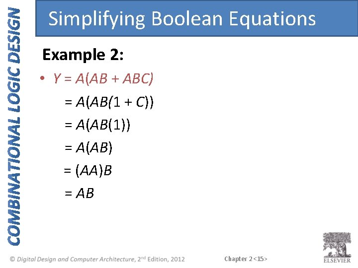Simplifying Boolean Equations Example 2: • Y = A(AB + ABC) = A(AB(1 + Simplifying Boolean Equations Example 2: • Y = A(AB + ABC) = A(AB(1 +