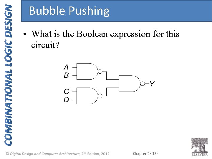 Bubble Pushing • What is the Boolean expression for this circuit? Chapter 2 <18> Bubble Pushing • What is the Boolean expression for this circuit? Chapter 2 <18>