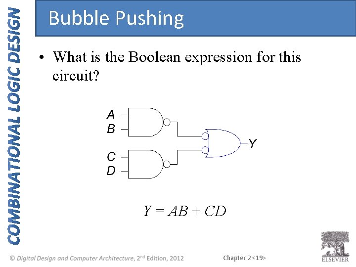 Bubble Pushing • What is the Boolean expression for this circuit? Y = AB Bubble Pushing • What is the Boolean expression for this circuit? Y = AB