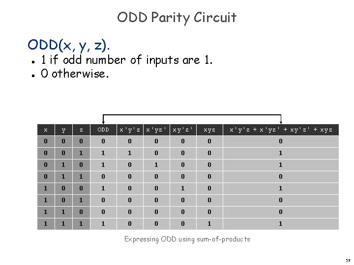 ODD Parity Circuit ODD(x, y, z). n n 1 if odd number of inputs ODD Parity Circuit ODD(x, y, z). n n 1 if odd number of inputs
