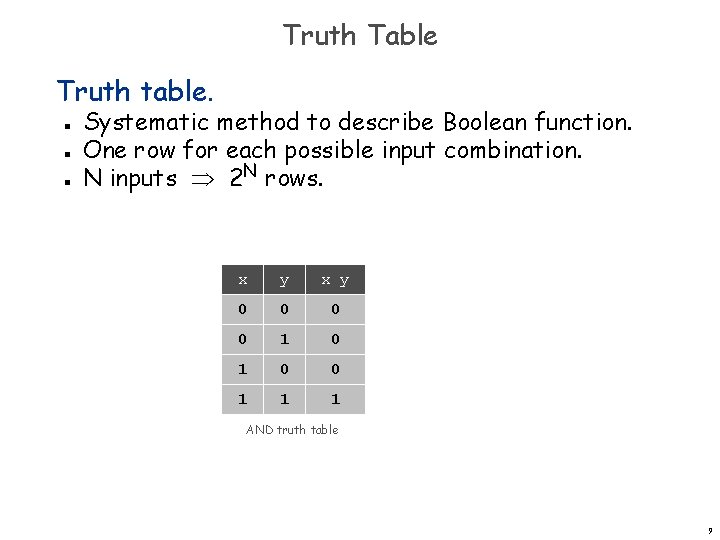 Truth Table Truth table. n n n Systematic method to describe Boolean function. One Truth Table Truth table. n n n Systematic method to describe Boolean function. One