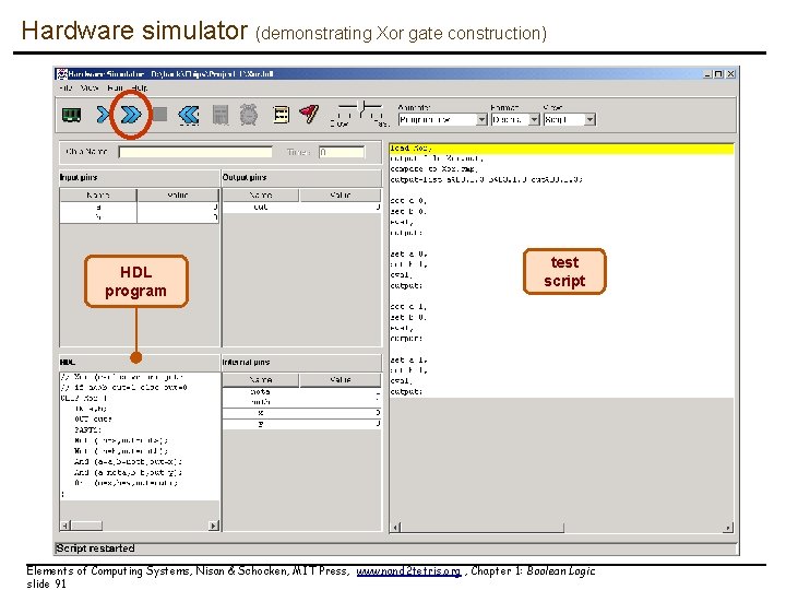Hardware simulator (demonstrating Xor gate construction) HDL program test script Elements of Computing Systems, Hardware simulator (demonstrating Xor gate construction) HDL program test script Elements of Computing Systems,