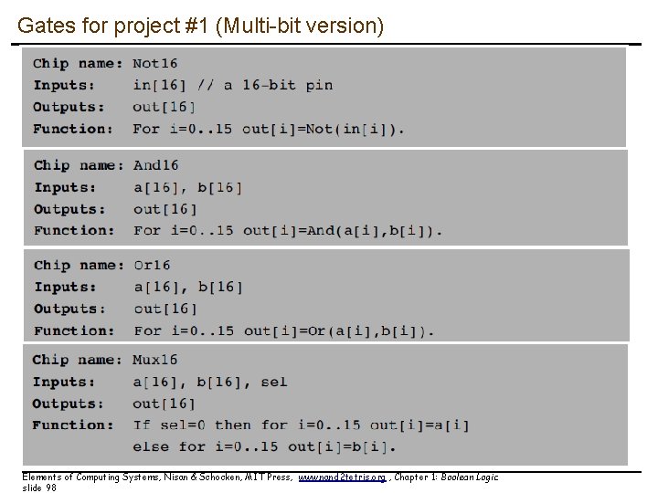 Gates for project #1 (Multi-bit version) Elements of Computing Systems, Nisan & Schocken, MIT Gates for project #1 (Multi-bit version) Elements of Computing Systems, Nisan & Schocken, MIT