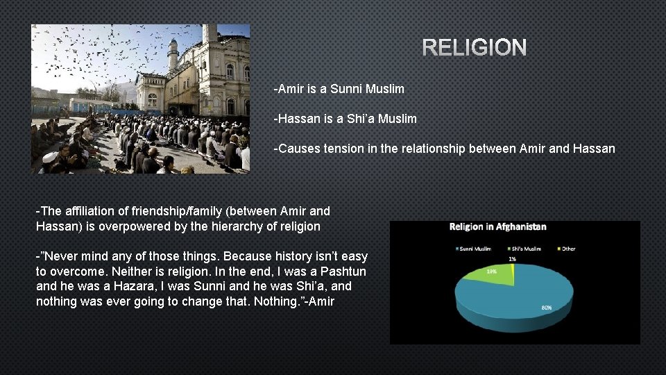 RELIGION -Amir is a Sunni Muslim -Hassan is a Shi’a Muslim -Causes tension in